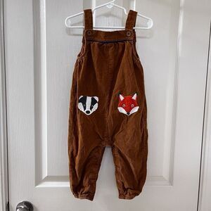 Baby Boden Badger Fox Applique Brown Corduroy Dungaree Overalls SZ 18-24 Months